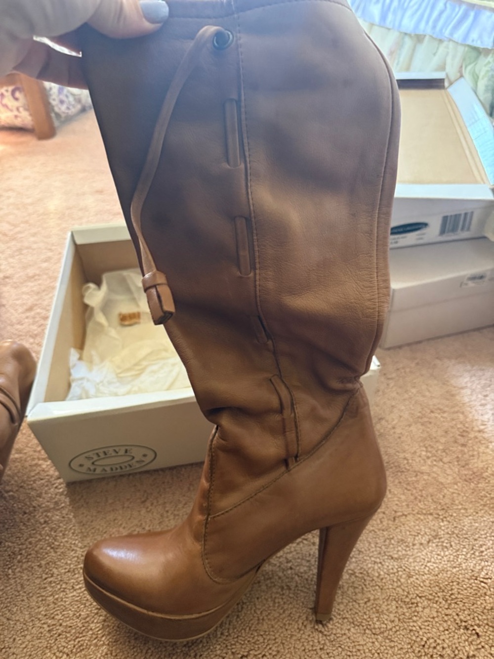 Vera Gomma Tan Leather Platform Knee-High Heel Boot